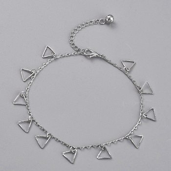 Brass Textured Triangle Charm Anklets, with Cable Chains and Bell Charms, Platinum, 8-5/8 inch(22cm)