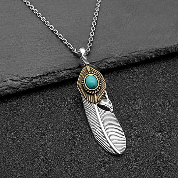 Stainless Steel Pendant Necklaces, Feather, Antique Silver, 23.62 inch(60cm)