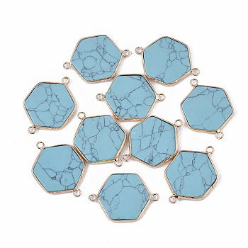 Synthetic Turquoise Links connectors, with Golden Tone Brass Open Back Settings, Hexagon, 35x25x3.5mm, Hole: 2mm