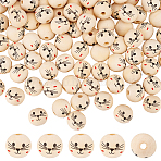 Printed Wood European Beads, Large Hole Bead, Round with Cat Face Pattern, Cornsilk, 19x18mm, Hole: 4.7mm(WOOD-WH0034-18)