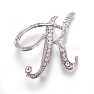 Alloy Brooches, with Rhinestone, Letter, Letter.K, Platinum, 48x43x4mm, Pin: 1mm(JEWB-WH0005-01K-P)