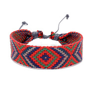 Cotton Braided Rhombus Cord Bracelet with Wax Ropes, Ethnic Tribal Adjustable Bracelet for Women, Red, 7-1/8 inch(18cm)(PW-WG62422-03)