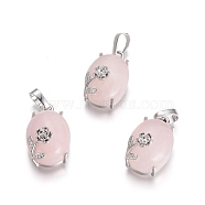 Natural Rose Quartz Pendants, with Platinum Tone Brass Findings, Oval with Flower, 22x13.8x10.3mm, Hole: 6x3.5mm(G-L512-I23)