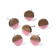 Opaque Resin & Walnut Wood Stud Earrings, with 316 Stainless Steel Pins, Flat Round, Pink, 10mm, Pin: 0.7mm(EJEW-N017-008-B04)