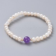 Stretch Grade A Natural Freshwater Pearl Bracelets, with Natural Amethyst Beads and Brass Beads, 2 inch(5.1cm)(BJEW-JB04623-03)