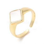 Natural Shell Rhombus Open Cuff Rings, Brass Jewelry for Women, Real 16K Gold Plated, US Size 6(16.5mm)(RJEW-L106-014G)