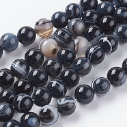 Round Dyed Natural Striped Agate/Banded Agate Beads Strands, Black, 8mm, Hole: 1mm, about 48pcs/strand, 15.2 inch(X-G-G582-8mm-07)