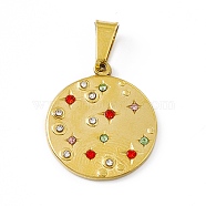 Rhinestone Pendants, Flat Round Charms, with Vacuum Plating Golden Tone 304 Stainless Steel Findings, Colorful, 21x18x2mm, Hole: 7.5x4mm(STAS-P315-13G)