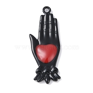 Rack Plating Alloy Enamel Pendants, Cadmium Free & Nickel Free & Lead Free, Palm with Heart Charm, Black, 37.5x13x2.5mm, Hole: 1.8mm(PALLOY-F018-25EB-02)