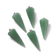 Natural Green Aventurine Pendants, with Platinum Plated Brass Findings, Faceted, Cone, 35~36x13~14x12~12.5mm, Hole: 2.7x6.5mm(G-G848-01P-05)
