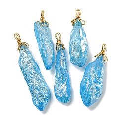 Electroplated Raw Rough Natural Quartz Crystal Big Pendants, Nuggets Charms with Copper Wire Loops, Golden, Deep Sky Blue, 40~48x13~23x10~20mm, Hole: 4.5~5mm(G-A229-02G-09)