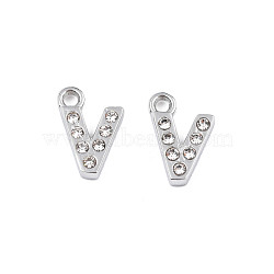304 Stainless Steel Charms, with Crystal Rhinestone, Letter, Letter.V, 10~10.5x2~8x2mm, Hole: 1.2mm(STAS-N095-137V)