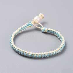 Waxed Polyester Braided Cord Bracelets, with Pearl, Turquoise, 7-1/8 inch(18cm), 5x3.5mm(BJEW-JB04342-05)