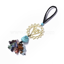 Natural Raw Turquoise & Mixed Stone Chips Tassel Pendant Decorations, Chakra Theme Alloy Charms Hanging Ornament, Vishuddha, 170mm, Link: 45x2mm(HJEW-P014-01G-07)