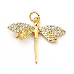 Brass Micro Pave Cubic Zirconia Pendants, with Jump Ring, Real 18K Gold Plated, Dragonfly, Clear, 20.5x25.5x2mm(KK-H433-12G)