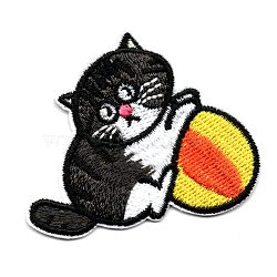 Computerized Embroidery Cloth Iron on/Sew on Patches, Costume Accessories, Appliques, Cat and Ball, Black, 46x56mm(DIY-I013-01)