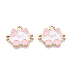 Rack Plating Alloy Enamel Pendants, Golden, Cat Charm, Pink, 13.5x16.5x1.5mm, Hole: 1.6mm(ENAM-N056-346B)