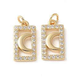 Brass Micro Pave Clear Cubic Zirconia Pendants, Cadmium Free & Lead Free, Long-Lasting Plated, Real 18K Gold Plated Charms, Rack Plating, with Jump Ring, Moon, 14x7x2mm, Hole: 3.5mm(KK-Q031-32G-01)