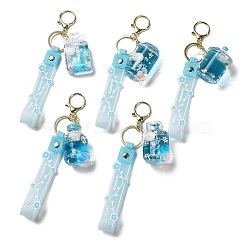 Mixed Bottle Acrylic Pendant Keychain Decoration, Liquid Quicksand Floating Bear & Star Handbag Accessories, with Alloy Findings, Light Sky Blue, 21.5~22cm(KEYC-D018-05)