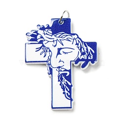 Embossed Printed Acrylic Pendants, with Iron Jump Ring, Cross with Man Pattern, Medium Blue, 40.5x30.5x2.5mm, Hole: 5mm(OACR-G019-02A)