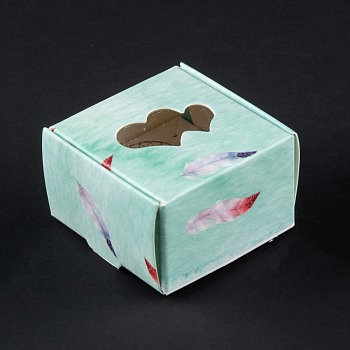 Rectangle Foldable Creative Kraft Paper Gift Box, Jewelry Boxes, with Heart Clear Window, Feather Pattern, 4.3x4.3x2.7cm