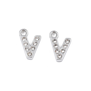 304 Stainless Steel Charms, with Crystal Rhinestone, Letter, Letter.V, 10~10.5x2~8x2mm, Hole: 1.2mm