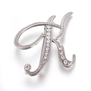 Alloy Brooches, with Rhinestone, Letter, Letter.K, Platinum, 48x43x4mm, Pin: 1mm