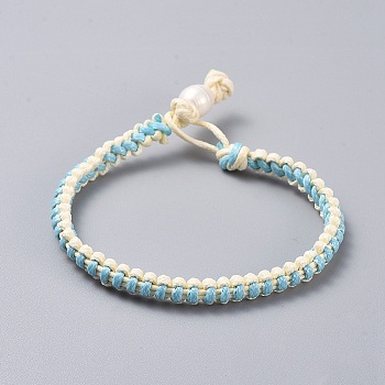 Waxed Polyester Braided Cord Bracelets, with Pearl, Turquoise, 7-1/8 inch(18cm), 5x3.5mm