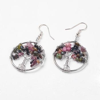 Natural Tourmaline Dangle Earrings, with Brass Earring Hooks, Ring with Tree of Life, Platinum, 53mm, Pendant: 37x30x6mm, Pin: 0.6mm