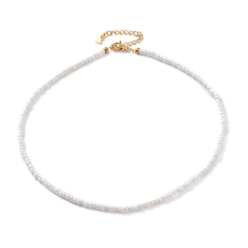 Round Glass Seed Beaded Necklaces, with Brass Crimp Beads and 304 Stainless Steel Lobster Claw Clasps, Golden, White, 14-5/8 inch(37cm)