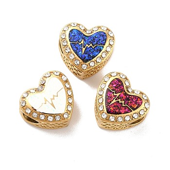 304 Stainless Steel European Beads, Large Hole Beads, with Rhinestone and Enamel, Heart with Heartbeat, Golden, Mixed Color, 11.5x12.5x8.2mm, Hole: 4.2mm
