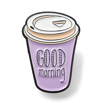 Hot Drink Cup with Word Good Morning Enamel Pins, Black Alloy Badge for Women Men, Plum, 26.3x18.7x1.5mm
