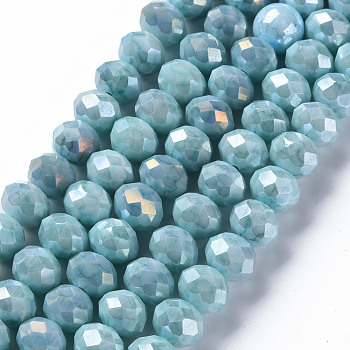 Opaque Baking Painted Glass Beads Strands, Faceted, Flat Round, Dark Turquoise, 10x8mm, Hole: 1.5mm, about 63pcs/strand, 21.06 inch~21.26 inch(53.5~54cm)