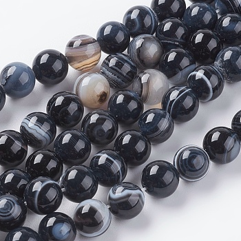 Round Dyed Natural Black Agate Beads Strands, Black, 8mm, Hole: 1mm, about 48pcs/strand, 15.2 inch