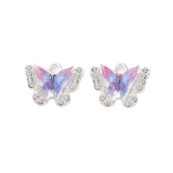 Rack Plating Alloy Pendants, with Rhinestone and Resin, Butterfly, Royal Blue, 14x17x5mm, Hole: 2mm