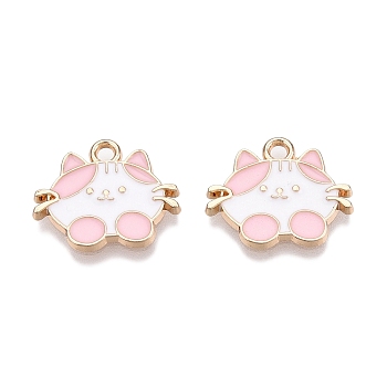 Rack Plating Alloy Enamel Pendants, Golden, Cat Charm, Pink, 13.5x16.5x1.5mm, Hole: 1.6mm