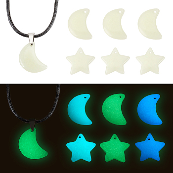 AHADERMAKER 12Pcs 6 Styles Synthetic Luminous Stone Pendants, Moon & Star Charms, Moon: 20x15x4.5mm, Star: 17x18x4.5mm, Hole: 1.2mm, 2pcs/style