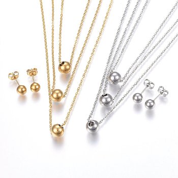 304 Stainless Steel Jewelry Sets, Tiered Necklaces and Ear Studs, Golden & Stainless Steel Color, 14.57 inch(37cm), 17x6mm, Pin: 0.8mm