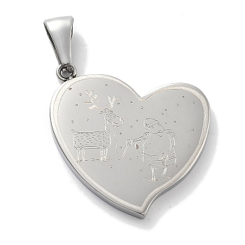 Christmas 304 Stainless Steel Pendants, Heart with Deer & Santa Claus Charm, Stainless Steel Color, 32x30x3mm, Hole: 8x3mm