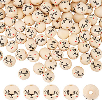 Printed Wood European Beads, Large Hole Bead, Round with Cat Face Pattern, Cornsilk, 19x18mm, Hole: 4.7mm