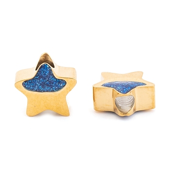 Ion Plating(IP) 304 Stainless Steel Beads, with Enamel, Real 18K Gold Plated, Star, Dodger Blue, 7.5x7.5x3.5mm, Hole: 2mm