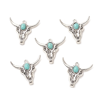 Synthetic Turquoise Pendants, with Alloy Findings, Cattle Head Charms, Antique Silver, 31.5x36x9mm, Hole: 3mm