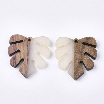 Resin & Walnut Wood Pendants, Tropical Leaf Charms, Monstera Leaf Pendant, WhiteSmoke, 30x28x3.5mm, Hole: 2mm