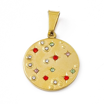 Rhinestone Pendants, Flat Round Charms, with Vacuum Plating Golden Tone 304 Stainless Steel Findings, Colorful, 21x18x2mm, Hole: 7.5x4mm