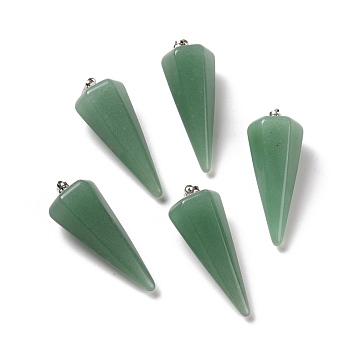 Natural Green Aventurine Pendants, with Platinum Plated Brass Findings, Faceted, Cone, 35~36x13~14x12~12.5mm, Hole: 2.7x6.5mm