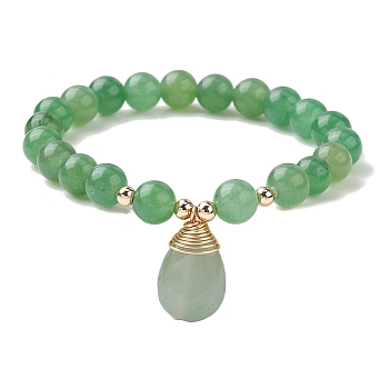 Natural Green Aventurine Stretch Bracelets with Teardrop Charms for Women, Inner Diameter: 2-3/8 inch(6cm)