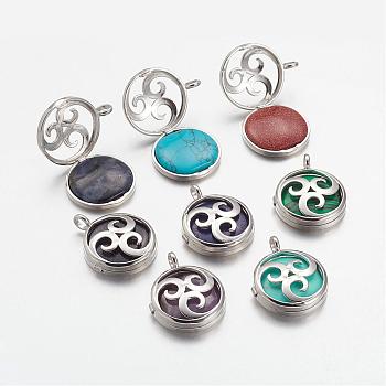 Natural & Synthetic Gemstone Pendants, with Brass Diffuser Locket Findings, Flat Round, 31x26x8mm, Hole: 4mm