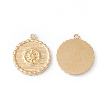 Ion Plating(IP) 304 Stainless Steel Pendants, Flat Round with Star, Real 24K Gold Plated, 17x15x1.5mm, Hole: 1.2mm