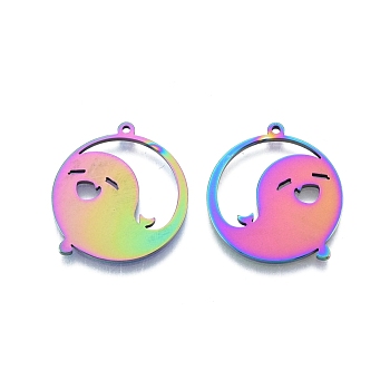 Ion Plating(IP) 201 Stainless Steel Pendant, Flat Round with Ghost, Rainbow Color, 27.5x25x1.5mm, Hole: 1.4mm