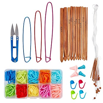 DIY Knit Kit, with Plastic DIY Weaving Tool Knitting Needle Caps & Stitch Needle Clip, Aluminum Stitch Holder, Iron Scissors, Circular Knitting Needles, Bamboo Knitting Needles Set, Mixed Color, 200x30mm